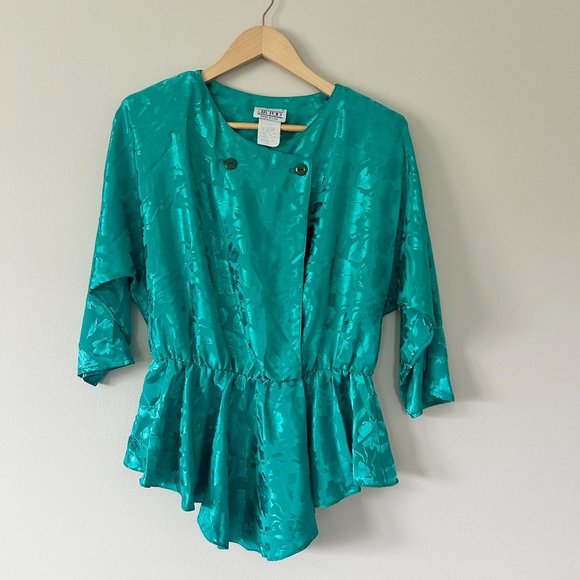 Vintage 80's Turquoise Shimmer Peplum Top - Picture 1 of 8